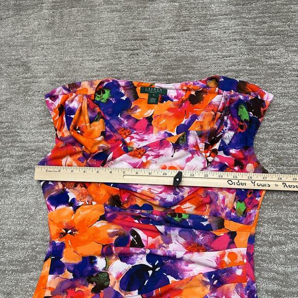 LRL Lauren Ralph Lauren Dress Womens 10 Orange Purple Floral Ruched Cowl Neck - Picture 6 of 10